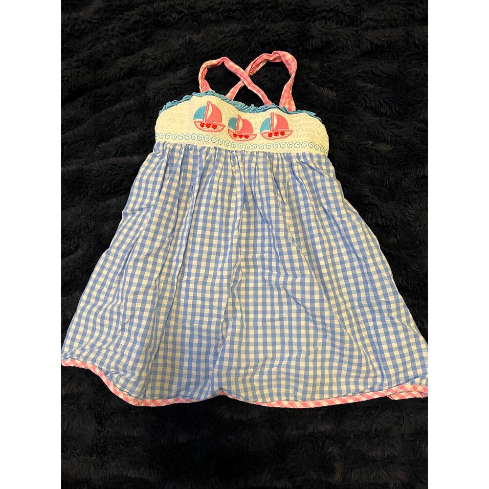 Girls 4T Smocked Sailboat Dress Seersucker Gingham Lil Cactus Summer EUC
